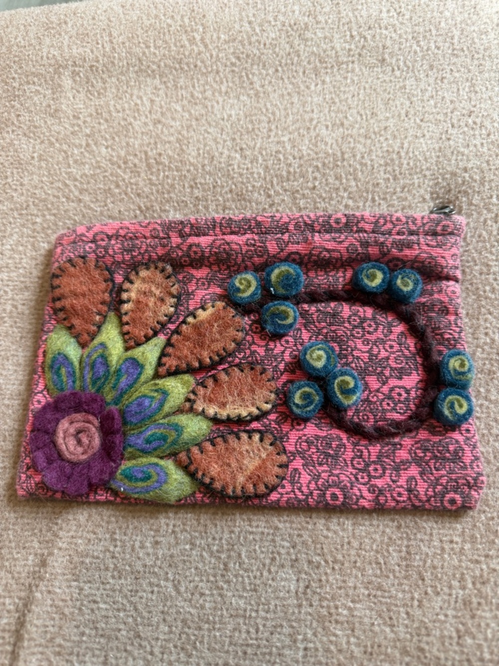 Rising Tide Made in Nepal Handcrafted Pink Floral Felt Wristlet Clutch